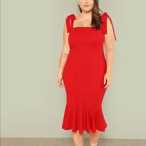 Plus Self Tie Shoulder Ruffle Hem Dress